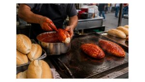 Mexican street-food cook coating a pambazo roll in red guajillo chile sauce before griddling it alongside plain and toasted bread rolls.