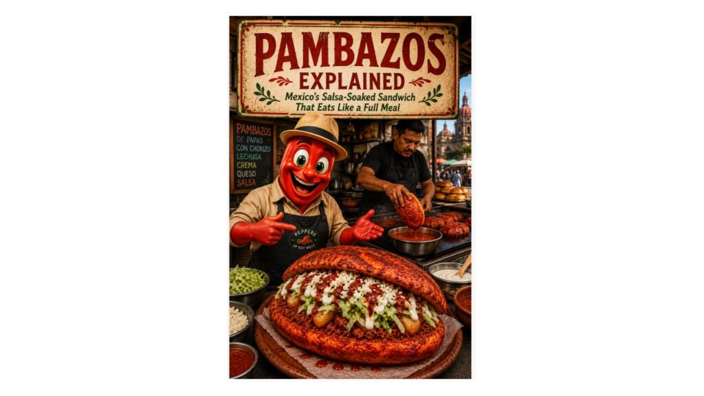 Pambazos Explained hero featuring a Mexico City-style salsa-soaked pambazo with potato and chorizo, Professor Pepper, and a street-food cook.