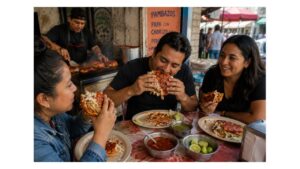 Mexican customers eating freshly made pambazos at a neighborhood street-food stand while a vendor cooks red chile-soaked sandwiches on the griddle.