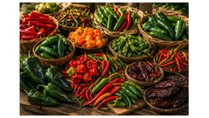 Fresh and dried chile peppers in varied colors, shapes, and sizes arranged in baskets across a rustic wooden market table.