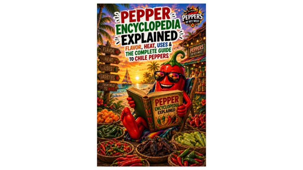 Professor Pepper reads a Pepper Encyclopedia surrounded by colorful chile peppers at sunset in Key West, introducing a complete guide to pepper flavor, heat, and uses.