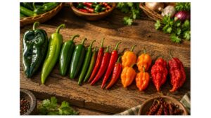 Fresh chile peppers progress from mild green poblanos and jalapeños to orange habaneros and wrinkled red superhot peppers on a wooden table.