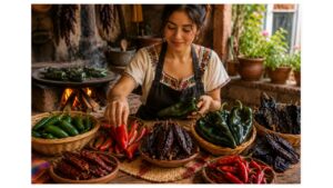 Fresh jalapeños, ripe red chiles, poblanos, and dried peppers with an artisan preparing chiles in a traditional Mexican kitchen.