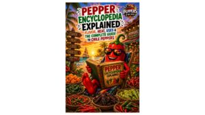 Professor Pepper reads a Pepper Encyclopedia surrounded by colorful chile peppers at sunset in Key West, introducing a complete guide to pepper flavor, heat, and uses.