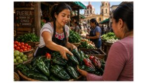 Young Mexican market vendor selling fresh green and ripe red poblano peppers at a traditional produce market in Puebla, Mexico.