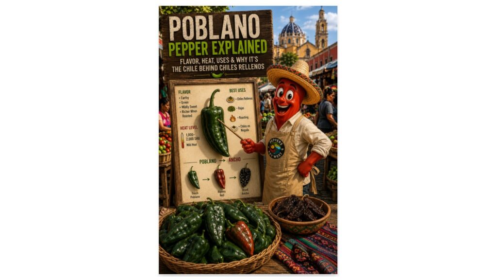 Professor Pepper teaches about poblano pepper flavor, heat, uses, and the transformation from fresh poblano to dried ancho in a Puebla market.