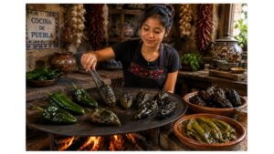 Young Mexican cook roasting fresh poblano peppers on a hot comal in a traditional Puebla kitchen, showing green, blistered, charred, and peeled poblanos.