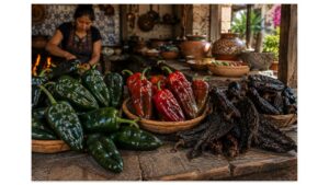 Fresh green poblanos, ripe red poblanos, and dried ancho chiles arranged together in a rustic Puebla kitchen to show the pepper’s transformation.