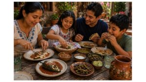 Young Mexican family sharing chile relleno, poblano rajas, tortillas, and salsa around a rustic courtyard table in Puebla, Mexico.