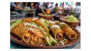 Folded and rolled tacos dorados fried until golden and crisp with chicken, potato, salsa, crema, cheese, lettuce, avocado, and lime.