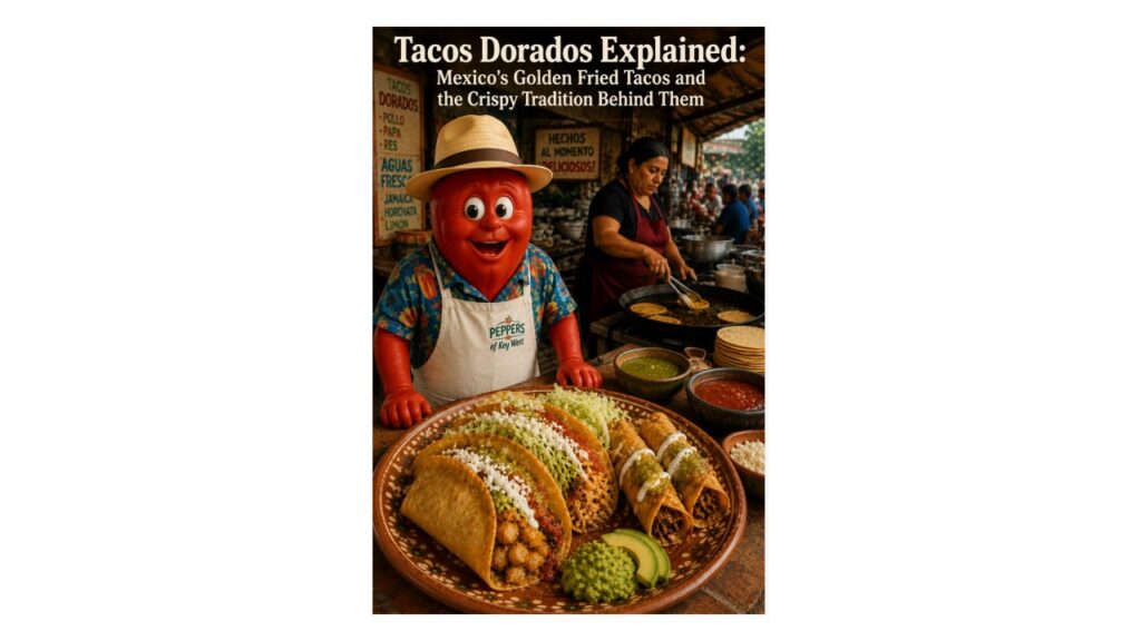 Professor Pepper with authentic tacos dorados at a traditional Mexican food stall where golden fried tacos are being prepared.