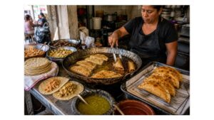 Mexican cook frying folded and rolled tacos dorados in hot oil with corn tortillas, chicken, potato, and freshly fried tacos nearby.