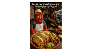 Professor Pepper with authentic tacos dorados at a traditional Mexican food stall where golden fried tacos are being prepared.
