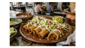 Crispy Mexican taquitos filled with shredded meat and served with crema, queso fresco, lettuce, salsa, guacamole, and fresh lime at a traditional eatery.