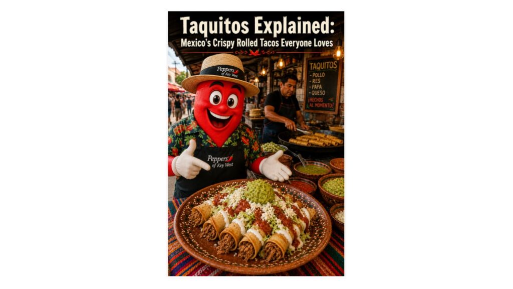 Professor Pepper introduces crispy Mexican taquitos topped with crema, cheese, lettuce, salsa, and guacamole at a traditional Mexican street-food stand.
