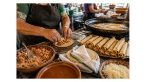 Mexican cook rolling corn tortillas around shredded meat while freshly prepared taquitos fry in a traditional working kitchen.