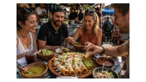 Travelers sharing crispy Mexican taquitos with salsa, guacamole, crema, cheese, and lime at a lively open-air market eatery in Mexico.