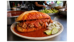 Authentic Guadalajara torta ahogada filled with pork carnitas and drenched in tomato chile sauce with onions and fresh lime.