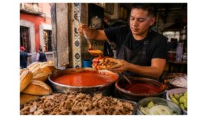 Young Guadalajara food artisan ladles tomato sauce over a carnitas-filled torta ahogada at a traditional neighborhood food stand.