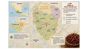 Map showing Yahualica, Los Altos de Jalisco, Guadalajara, and the protected Chile Yahualica production region in western Mexico.