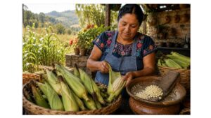 Mexican cook preparing fresh young corn for traditional uchepos in Michoacán, Mexico
