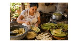 Mexican cook preparing traditional uchepos with fresh young corn and green corn husks in Michoacán