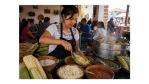 Young Mexican vendor serving traditional uchepos with crema, cheese and salsa at a food stall in Michoacán