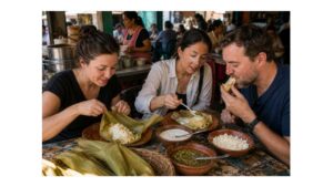 Travelers eating traditional uchepos with crema, cheese and salsa at a market eatery in Michoacán