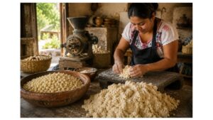 Young Mexican artisan prepares fresh masa beside nixtamalized white corn and a traditional stone metate inside a working Mexican molino.