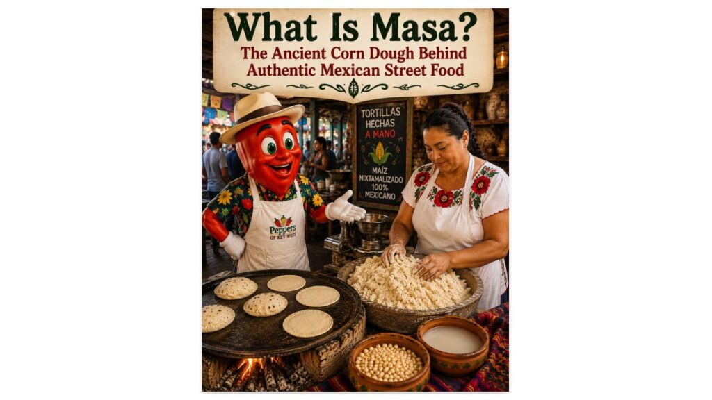 Professor Pepper teaches about fresh masa beside a Mexican tortilla maker preparing nixtamalized corn dough and handmade tortillas on a traditional comal.