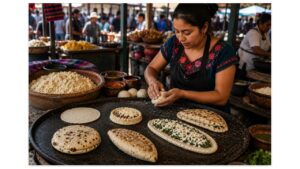 Young Mexican artisan shapes fresh masa by hand while tortillas, sopes, gorditas, tlacoyos, and huaraches cook on a traditional market comal.