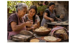Three generations of a Mexican family prepare fresh masa and handmade corn tortillas together around a traditional comal in a home courtyard kitchen.