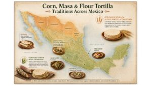 Map of Mexico showing stronger corn and masa traditions across central and southern Mexico and stronger wheat and flour tortilla traditions in Northern Mexico.