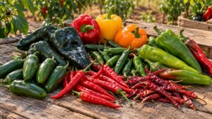 Fresh Capsicum annuum peppers including Jalapeños, Poblanos, Serranos, Cayenne, Anaheim and Bell Peppers