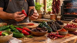 Cook comparing a fresh red Jalapeño with a smoked Chipotle alongside fresh and dried Capsicum annuum peppers