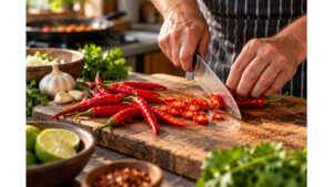 Fresh red cayenne peppers being sliced on a wooden cutting board with garlic, herbs and citrus in a home kitchen.
