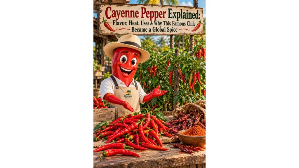Professor Pepper introduces fresh red cayenne peppers, dried cayenne chiles and ground cayenne powder at a pepper farm.