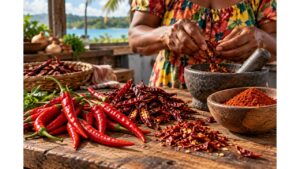 Fresh, dried and crushed cayenne peppers with ground cayenne powder being prepared with a mortar and pestle.