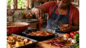 Caribbean home cook seasoning chicken with ground cayenne pepper alongside roasted potatoes, vegetables and dried cayenne chiles