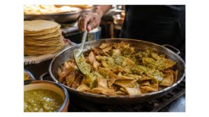 Cook preparing authentic Mexican chilaquiles by spooning salsa verde over freshly fried corn tortilla pieces while crisp golden edges remain visible.
