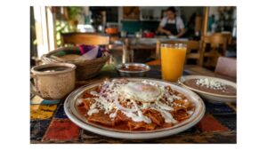 Chilaquiles rojos with fried egg, crema, cheese and onion served with coffee, refried beans, salsa and orange juice in a Mexican breakfast café.