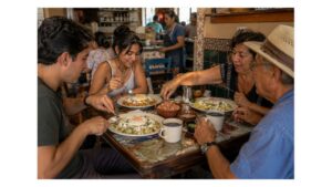 Friends enjoying chilaquiles verdes and rojos with fried eggs, crema, fresh cheese and salsa during breakfast at a neighborhood Mexican café.