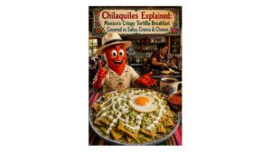 Chilaquiles Explained hero featuring authentic Mexican chilaquiles verdes with salsa verde, crema, fresh cheese, onion and a fried egg in a neighborhood breakfast café.