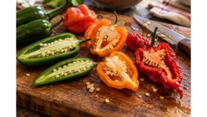 Freshly cut jalapeño, habanero and superhot chile peppers showing seeds, flesh and pale placental tissue where pepper heat originates.