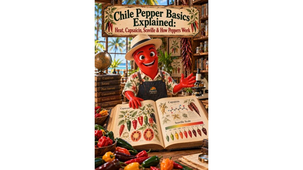 Professor Pepper teaches chile pepper basics using an illustrated encyclopedia covering capsaicin, pepper anatomy, Scoville heat and Capsicum varieties.