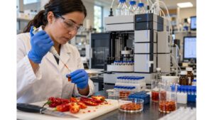 Laboratory technician prepares chile pepper samples for HPLC analysis to measure the capsaicinoids responsible for pepper heat.