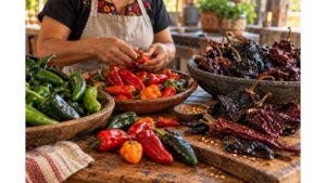 Cook sorts fresh green, ripe red and orange, and dried chile peppers on a rustic kitchen table, showing how peppers change with ripening and drying.