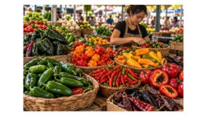 Fresh chile peppers representing the five domesticated Capsicum species displayed at a produce market