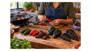 Fresh jalapeños, ripe red jalapeños, chipotle peppers, fresh poblanos and dried ancho chiles showing how peppers transform