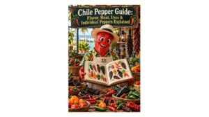 Professor Pepper holding an open chile pepper encyclopedia surrounded by fresh and dried peppers for the Chile Pepper Guide